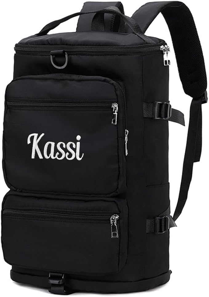 Personalized Sports Duffel Bag, 35L Custom Embroidered Gym Backpack for Men Women, Travel Weekender Bag with Shoe & Laptop Compartment, Carry On Overnight Workout Bag(Black)
