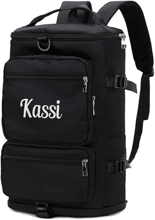 Personalized Sports Duffel Bag, 35L Custom Embroidered Gym Backpack for Men Women, Travel Weekender Bag with Shoe & Laptop Compartment, Carry On Overnight Workout Bag(Black)