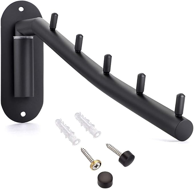 Sumnacon Stainless Steel Clothes Hanger Rack-Wall Mount Garment Hook with Swing Arm, Sturdy Coat Robe Storage Organizer for Laundry Room Bedrooms Clothing Drying Rack with 5 Hooks, Black