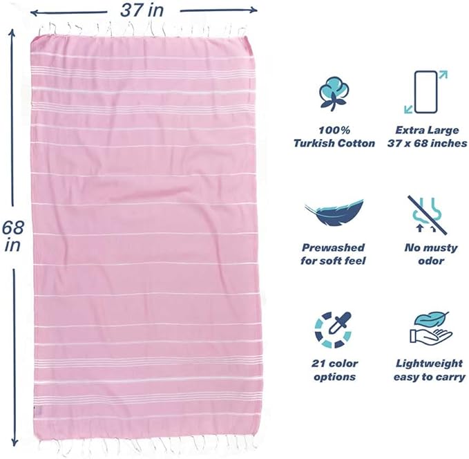 Hencely Turkish Beach Towel 37x68 Oversized, Sand-Free, Quick-Dry, Lightweight - Travel Essential for Pool & Bath - Striped 100% Cotton Bathroom Towels Accessories Gift (Light Pink)