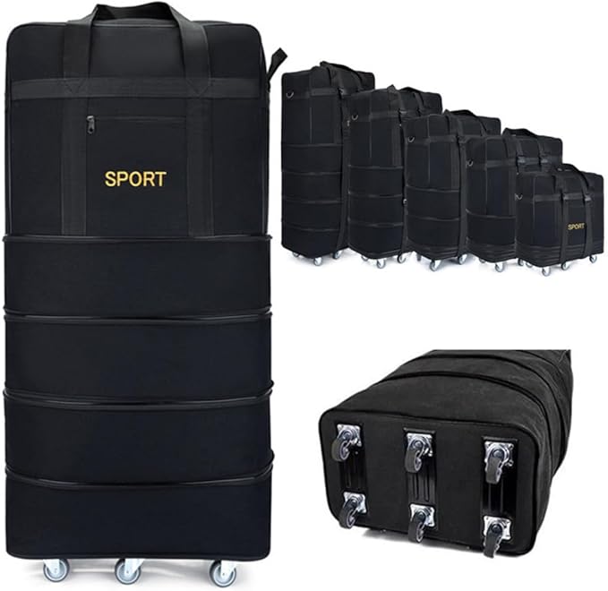 Expandable Extra Large Travel Canvas Duffel Bag with Wheels Lightweight Traveling Foldable Suitcase (Black Canvas, XL - 6 wheels)