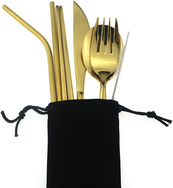 7 Pcs Portable Flatware Set, 304 Stainless Steel Cutlery Set Travel Utensils Set w/Pouch Fork Spoon Chopsticks Straws for Travel Camping Office School, Dishwasher Safe & Eco-Friendly (Gold)