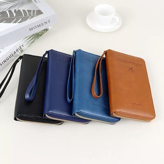 Multi-Functional RFID Passport Wallet,Travel Wallet for Men & Women,With zipper, anti-theft passport holder，Slim Leather Cover for Credit Cards, Tickets, Cash (Blue)