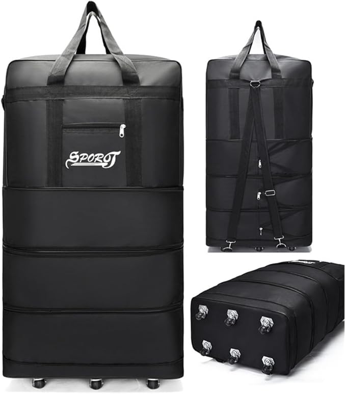 Expandable Extra Large Travel Oxford Duffel Bag with Wheels Waterproof Lightweight Traveling Foldable Suitcase (Black, L - 6 wheels)