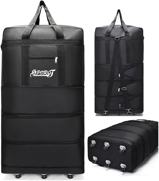 Expandable Extra Large Travel Oxford Duffel Bag with Wheels Waterproof Lightweight Traveling Foldable Suitcase (Black, L - 6 wheels)