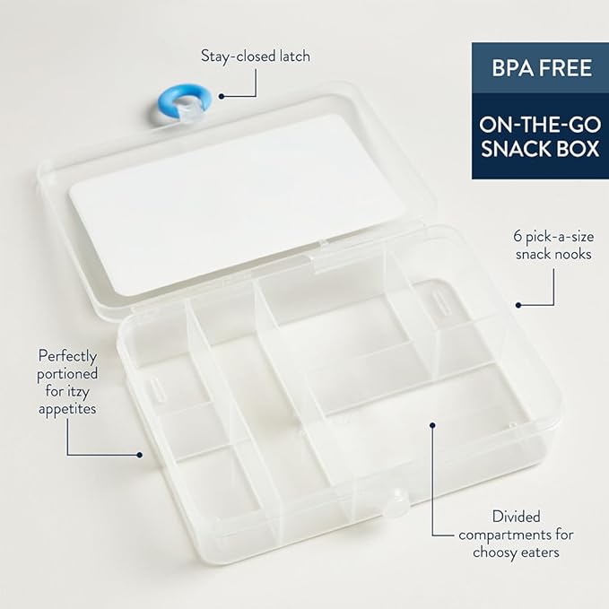 Itzy Ritzy Divided Snack Box – BPA-Free Travel Snack Container with 6 Compartments and Snap-Tight Lid – Convenient Food Storage for Car Rides, Daycare, and On-the-Go