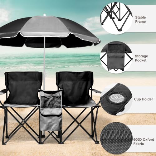 Camping Chairs, Folding Double Chair with Removable Umbrella, Cup Holders, Cooler Bag, Side Pocket & Carry Bag, for Beach, Outdoor, Sports, Concerts, Travel, Picnic
