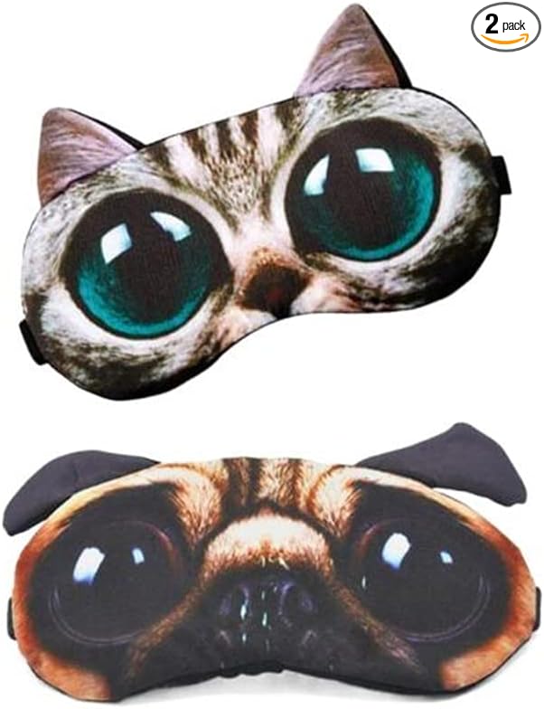 Cute Animal 3D Funny Sleep Eye Mask Eye Cover for Women, Cat Dog Soft Blindfold Sleeping Mask Eyeshade for Plane Travel Office Nap (2 Pack)