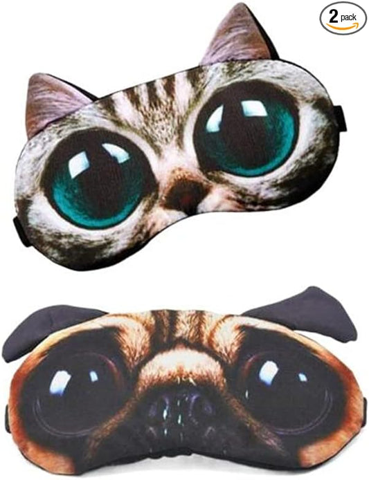 Cute Animal 3D Funny Sleep Eye Mask Eye Cover for Women, Cat Dog Soft Blindfold Sleeping Mask Eyeshade for Plane Travel Office Nap (2 Pack)