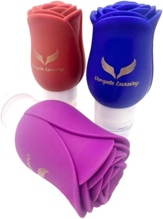 Vorgato Luxury- Silicone Travel Bottles for Toiletries - 3oz Silicone - TSA Approved - Refillable Travel Bottles 3 pcs (Fuschia, Red, Blue)