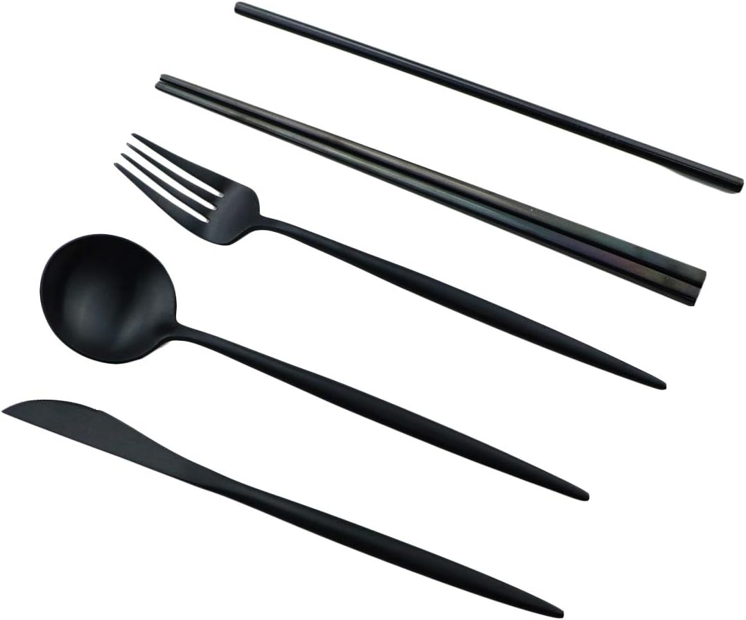 Gugrida Reusable Travel Utensils, 7 Piece Portable 304 Stainless Steel including Knife Fork Spoon Chopsticks Cleaning Brush Straws Portable Pouch, Eco-friendly Camping Silverware Set, Dishwasher Safe