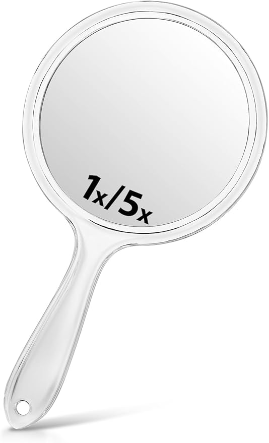 Hand Mirror, Double-Sided 1X/5X Magnifying Mirror with Handle, Acrylic, 8.3" L x 4.5" W, Clear, Pack of 1