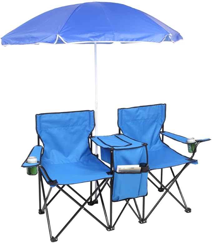 Double Folding Camping Chair W/Umbrella Fold Up Table Beverage Holder Carrying Bag Cooler for Patio Pool Park Outdoor Beach, Picnic, Portable (Blue)