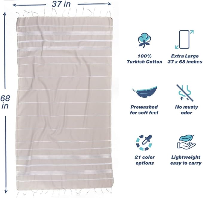 Hencely Turkish Beach Towel 37x68 Oversized, Sand-Free, Quick-Dry, Lightweight - Travel Essential for Pool & Bath - Striped 100% Cotton Bathroom Towels Accessories Gift (Beige)