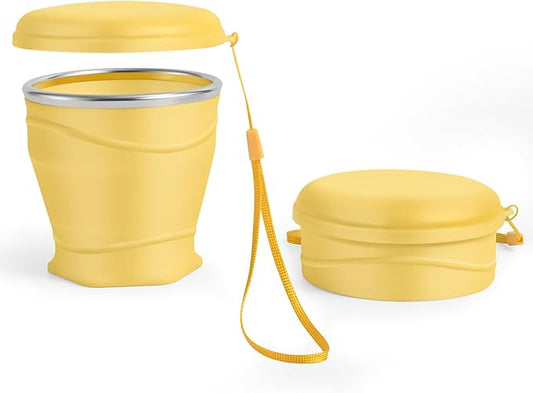 Silicone Collapsible Travel Cup with Dustproof Lid, 8.8 Oz/260ml, BPA-Free, Portable, Reusable for Camping, Picnic, Travel, Office (Yellow)