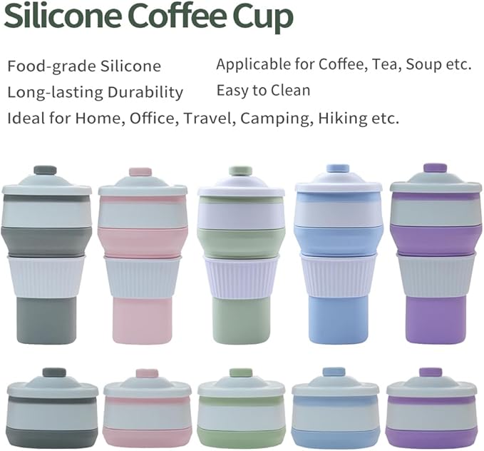 Collapsible Travel Coffee Cups Set of 2 - Silicone Foldable Mugs with Leakproof Lids, BPA Free, Microwave and Dishwasher Safe - 10oz (300ml) for Travel, Office, Camping