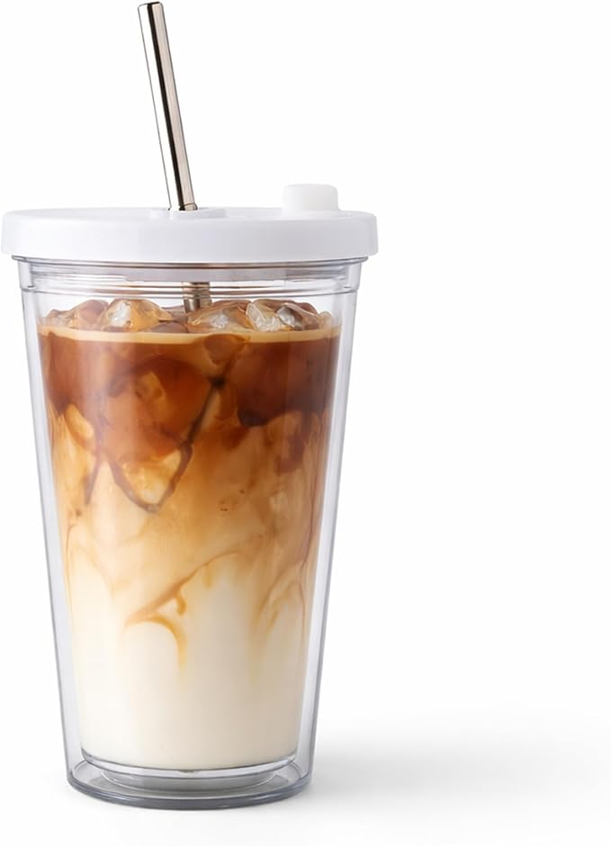 Reusable Iced Coffee Cup (16 Oz), Leakproof Iced Coffee Tumbler with Collapsible Steel Straw and Lid, Double-Wall Insulated, Shatter-Resistant, BPA-Free, Keeps Drinks Cold