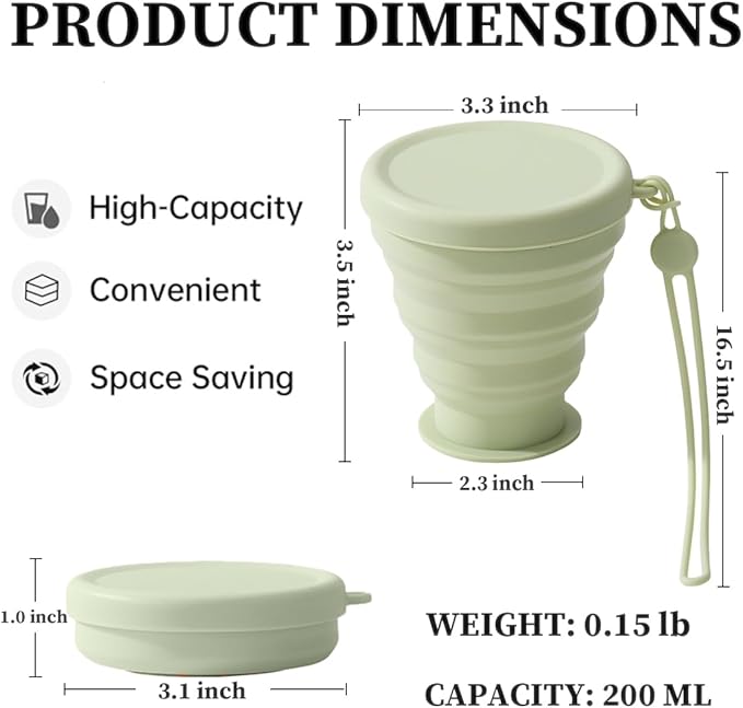 Silicone Collapsible Cups, Folding Camping Cup with Lid, Reusable To- Small Portable Drinking Cup- Perfect for Camping, Hiking and Outdoor Sport Events, for Hot and Cold Drinks (200ml)