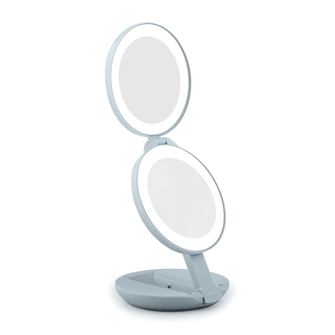 Zadro Compact Travel Makeup Mirror with Lights, 10X/1X Dual Magnification, LED Lighted Folding Design, Battery Operated Portable Mirror for Purse, Desk, or Travel Use (French Blue)