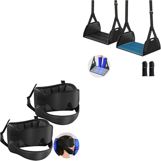 2-Pack Airplane Foot Hammock, Bundle 2-Pack Travel Pillows for Airplanes with Chin Strap