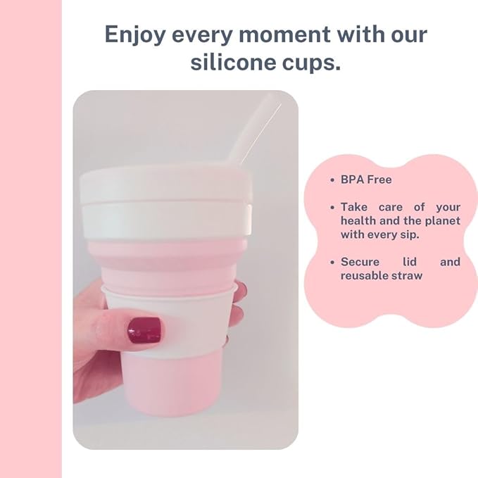 Collapsible Silicone Cup 12 oz – BPA Free Reusable Travel Cup with Lid & Straw – Foldable Pocket Size for Hot & Cold Drinks – Camping, Hiking, Office, Outdoor (Pink & White)