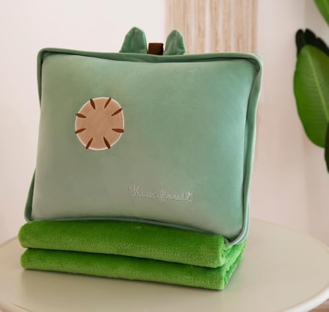 Rikyo 15" Stuffed Fruit Travel Blanket and Pillow Set,3 in 1 Plush Stuffed Hugging Pillow with Warming Hands Pillow Blanket for Kids Gift Travel Airplane Train Bed Office Nap (Green-Kiwifruit)