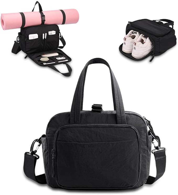 mini gym bag for women, travel duffel bag with wet pockets and Shoe Compartment,Lightweight carry on weekender duffel, water resistant,for sports,yoga,dance,black
