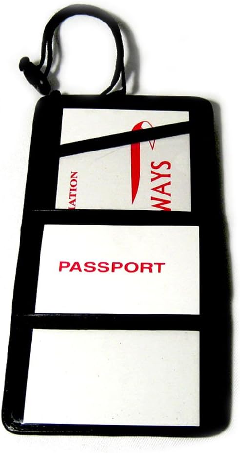 Black Leather Passport Boarding Pass Ticket ID Card Thin Holder Neck Pouch Strap