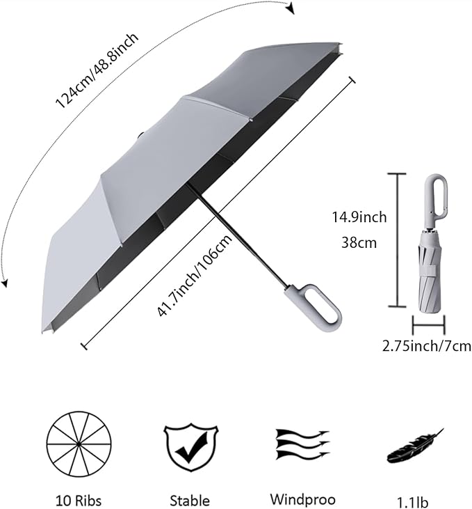 Travel Folding Golf Umbrella 10 Ribs Automatic Open/Close,Lightweight Compact Portable Backpack Car Parasol Outdoor,Sun/Rain,Anti 99 UV Protection UPF 50,Men Women Carabiner Handle Design