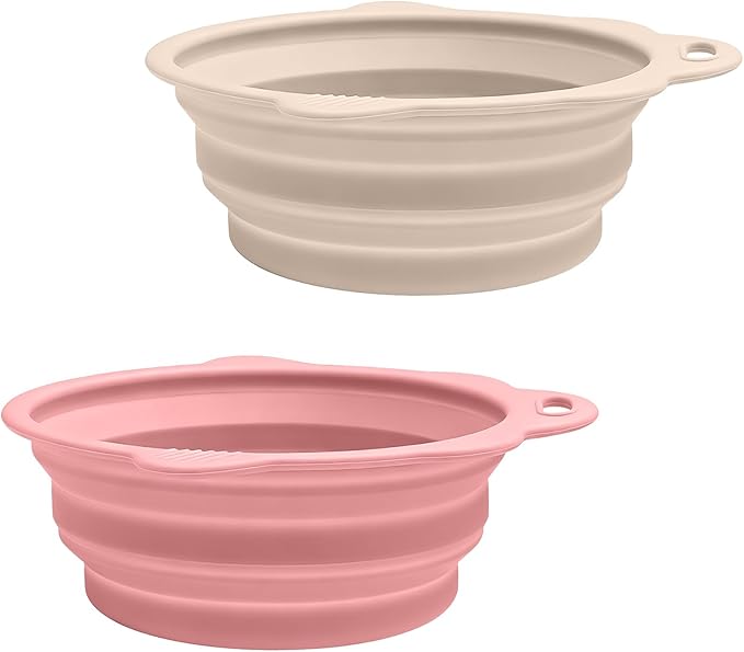 Collapsible Dog Bowls 2 Pack, Silicone Dog Bowl for Small Dogs, Dog Travel Bowl with a Lanyard Hole, Puppy Bowls for Water and Food, Travel Pet Bowls Pink & Light Beige, 11.3oz × 2