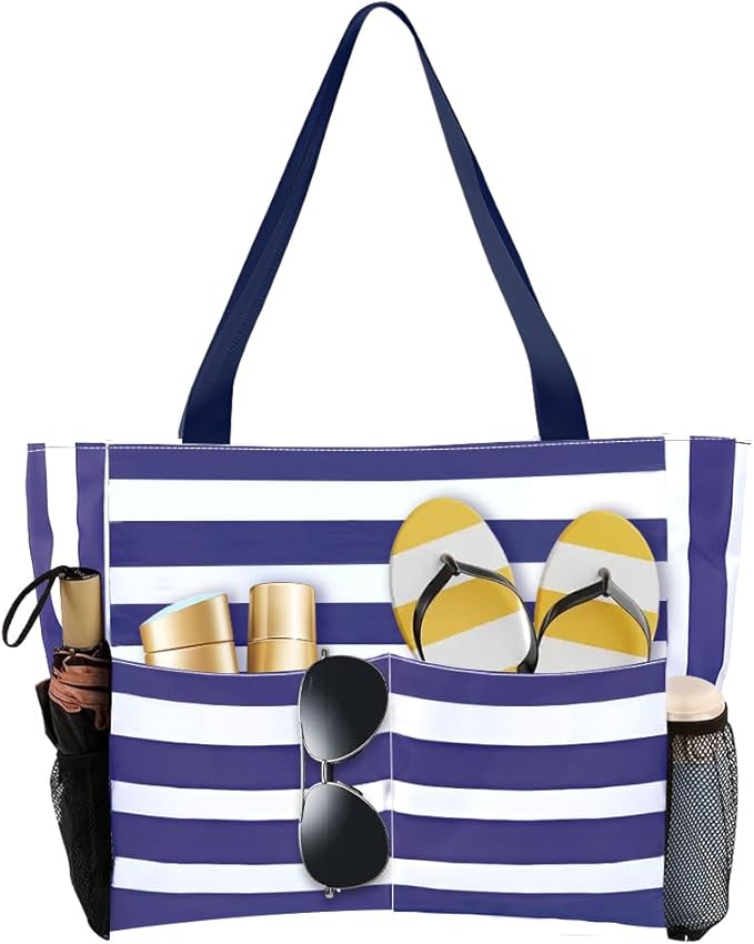 Large Beach Bag, Waterproof Sandproof Beach Tote Bag for Women, Lightweight Swim Pool Bag with Zipper Wet Pocket for Pool Gym Grocery Travel Vacation Weekender
