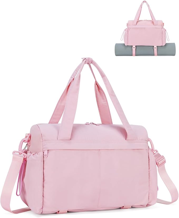 Small Gym Bag, Mini Gym Bag for Women with Yoga Mat Holder and Wet Compartment, Cute Mini Puffer Duffle Bag with Water Bottle Pocket for Workout Yoga Dance, Puffer Pink