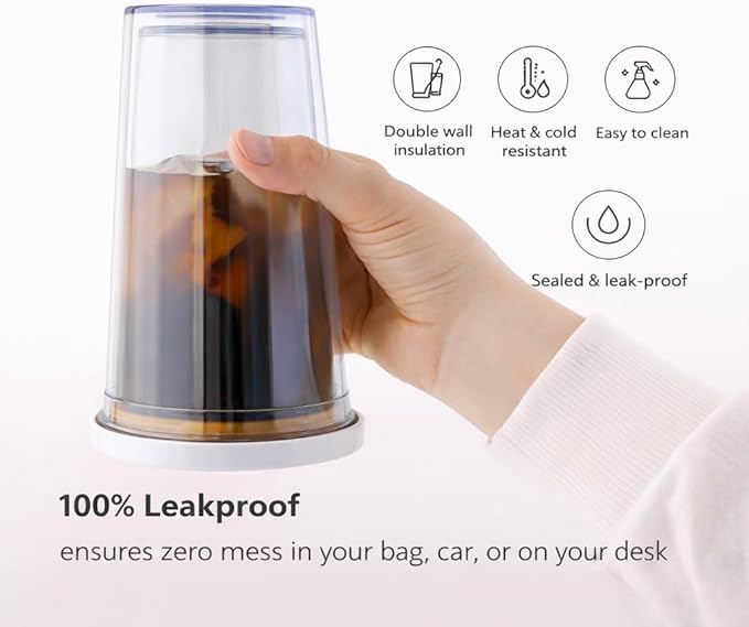 Reusable Iced Coffee Cup (16 Oz), Leakproof Iced Coffee Tumbler with Collapsible Steel Straw and Lid, Double-Wall Insulated, Shatter-Resistant, BPA-Free, Keeps Drinks Cold