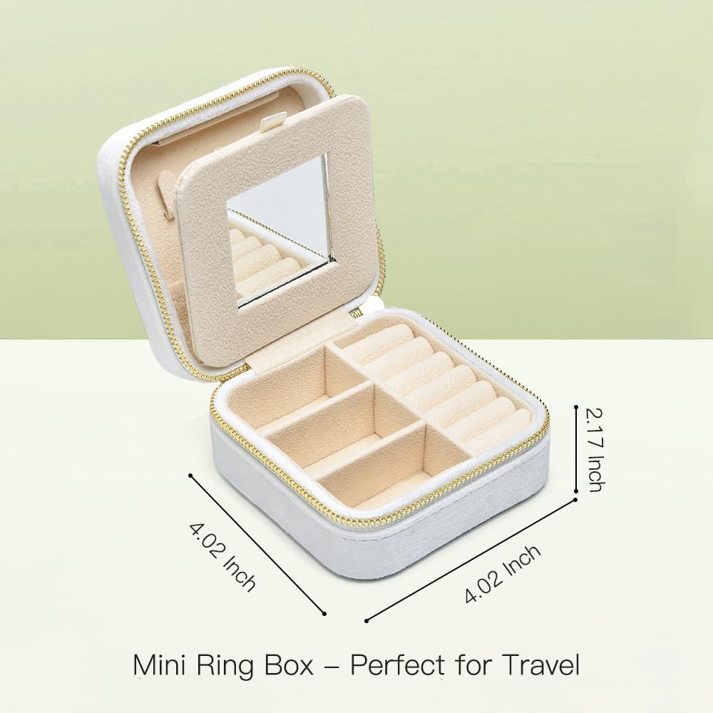 TAIMY Travel Jewelry Case,Small Plush Velvet Travel Jewelry organizer,Portable Mini Travel Jewelry Boxes for Rings Earrings Necklaces Bracelets(White,with Mirror)