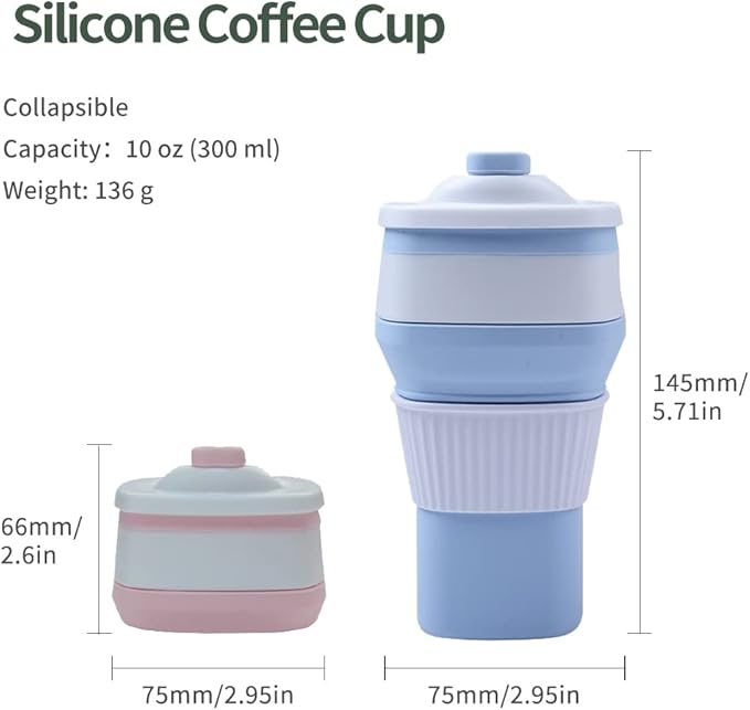 Collapsible Travel Coffee Cups Set of 2 - Silicone Foldable Mugs with Leakproof Lids, BPA Free, Microwave and Dishwasher Safe - 10oz (300ml) for Travel, Office, Camping
