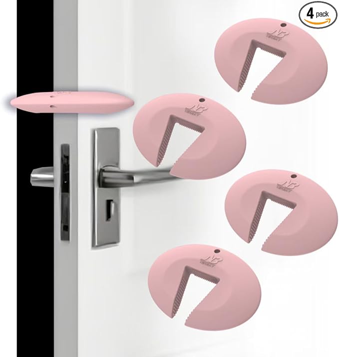 Door Pinch Guard and Door Slam Stopper, Durable Silicone Door Finger Pinch Guard, Prevents Slamming on Even Heavy Doors, Non-Toxic & Pet Friendly, 4 Packs Pink.