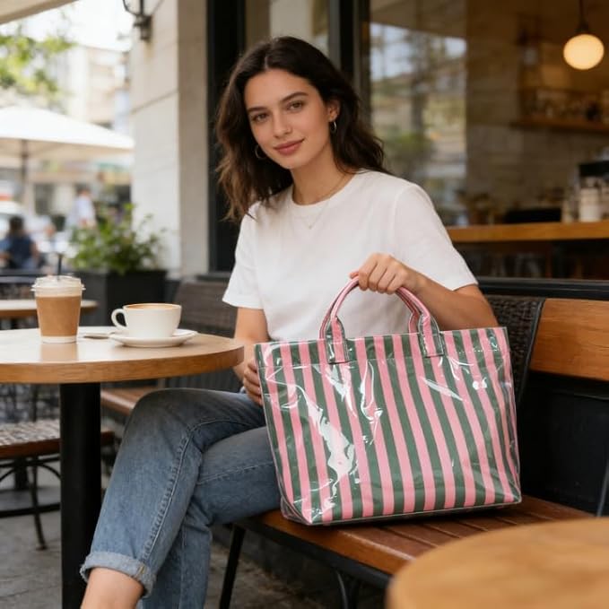 JQWYGB Striped PVC Tote Bag Large Glossy Striped Handbags Waterproof Top Handle Bag Plastic Tote Handbag Beach Travel Work