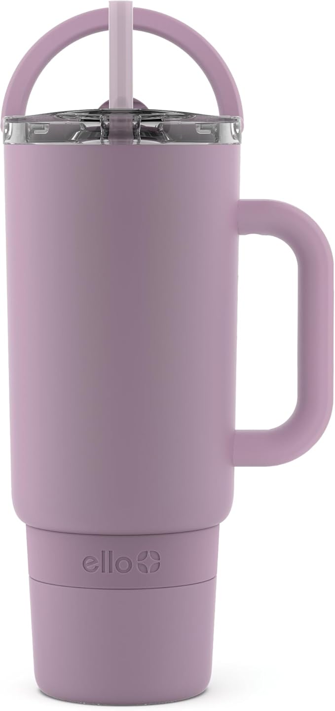 Ello Port 40oz Tumbler with Carry Loop & Integrated Handle, Vacuum Insulated Stainless Steel Reusable Water Bottle, Travel Mug with Leak Proof Lid and Straw, Perfect for Iced Coffee and Tea, Mauve