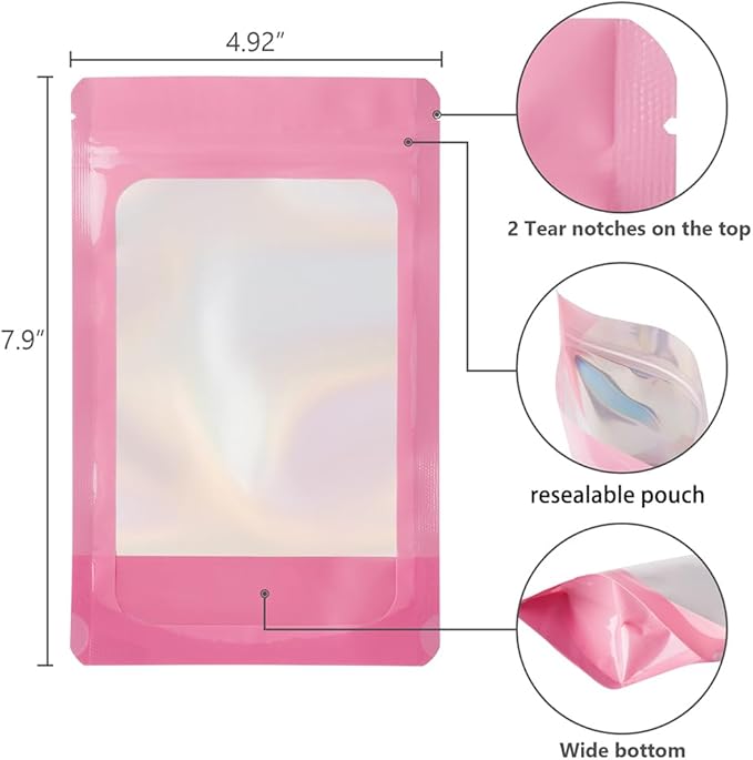 LZLPACKING 100 Pieces resealable Mylar Bags with Clear Front Window,Smell Proof Edible Packaging,Stand up Pouches for Food Storage(Pink/5×8 Inch/12.7 x 20.3cm)