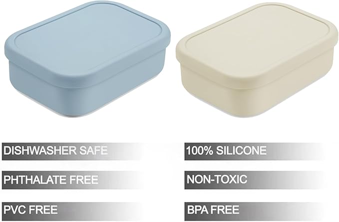 PandaEar 2 Pack Silicone Bento Lunch Box for Toddlers Kids, 3-Compartment Lunch Containers, Leak-Proof & BPA-Free, Microwave & Dishwasher Safe (Blue & Beige)