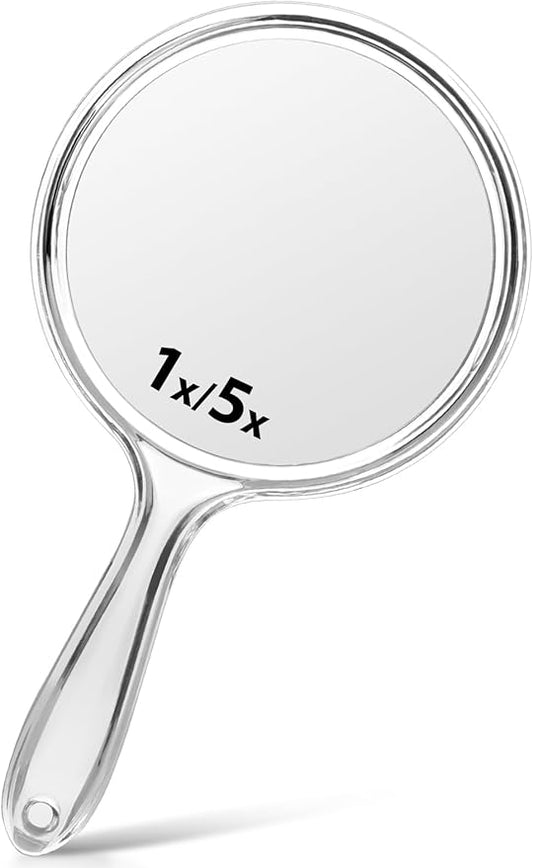 Hand Mirror, Double-Sided 1X/5X Magnifying Mirror with Handle, Acrylic, 10.5" L x 5.7" W, Clear, Pack of 1