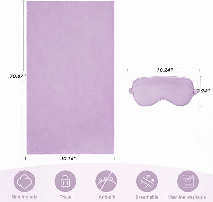 Travel Blanket, Airplane Blanket, Ultra-Soft, Warm & Lightweight, 65x40 in, Outdoor Blanket Essentials for Women, Men & Kids, Included Eye Mask, Luggage Sleeve & Backpack Clip Purple