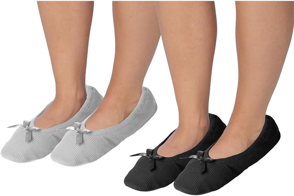Roxoni Women's Terry Classic Cotton & Velour Ballerina Slippers (Pack of 2)