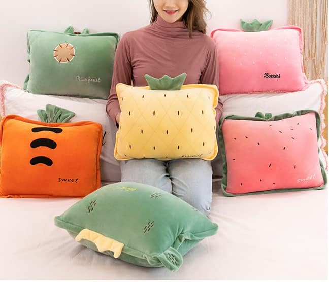 Rikyo 15" Stuffed Fruit Travel Blanket and Pillow Set,3 in 1 Plush Stuffed Hugging Pillow with Warming Hands Blanket for Kids Gift Travel Airplane Train Bed Office Nap (Yellow - Pineapple)
