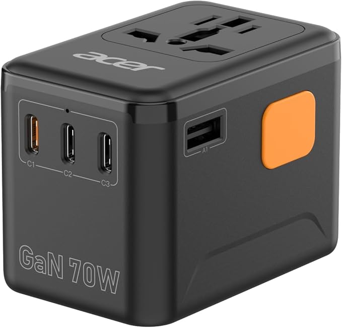 Acer 70W GaN Universal Travel Plug Adapter - International Power Adapter with 3 USB C & 1 USB A, Worldwide Power Outlet Travel Essentials for USA to European UK AUS Ireland, Type C/G/I/A, Black
