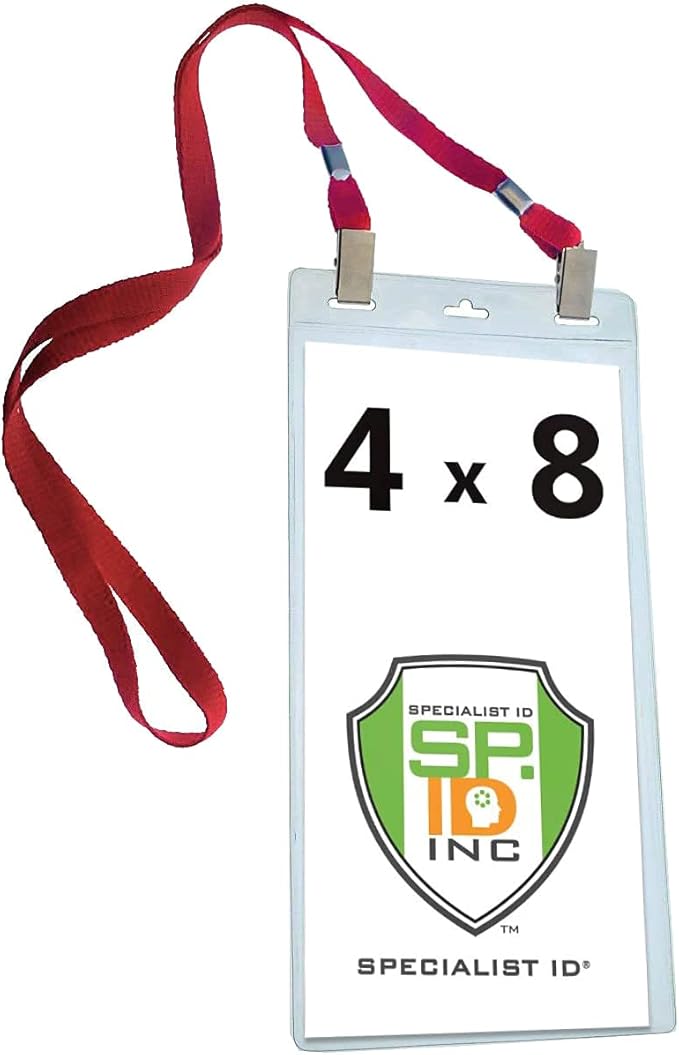 5 Pack - Extra Large 4 x 8 Inch Ticket & Event Credential Badge Holders with No Twist Double Sided Lanyards with Two Bulldog Clips, by Specialist ID (Red)
