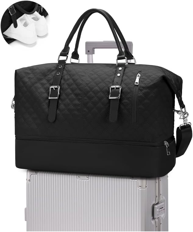 Travel Duffel Bag, Weekender Overnight Bag for Women with Trolley Sleeve, Carry On Bag for Airplanes Sport Tote Gym Bag with Shoes Compartment.(Black)