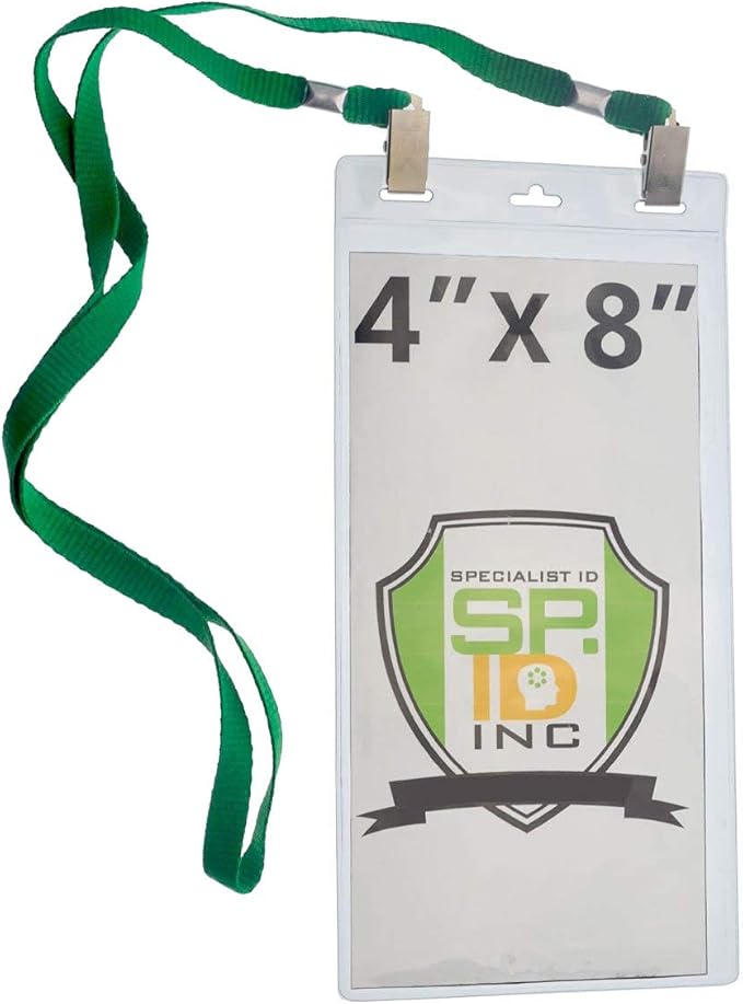 5 Pack - Extra Large 4 x 8 Inch Ticket & Event Credential Badge Holders with No Twist Double Sided Lanyards with Two Bulldog Clips, by Specialist ID (Green)