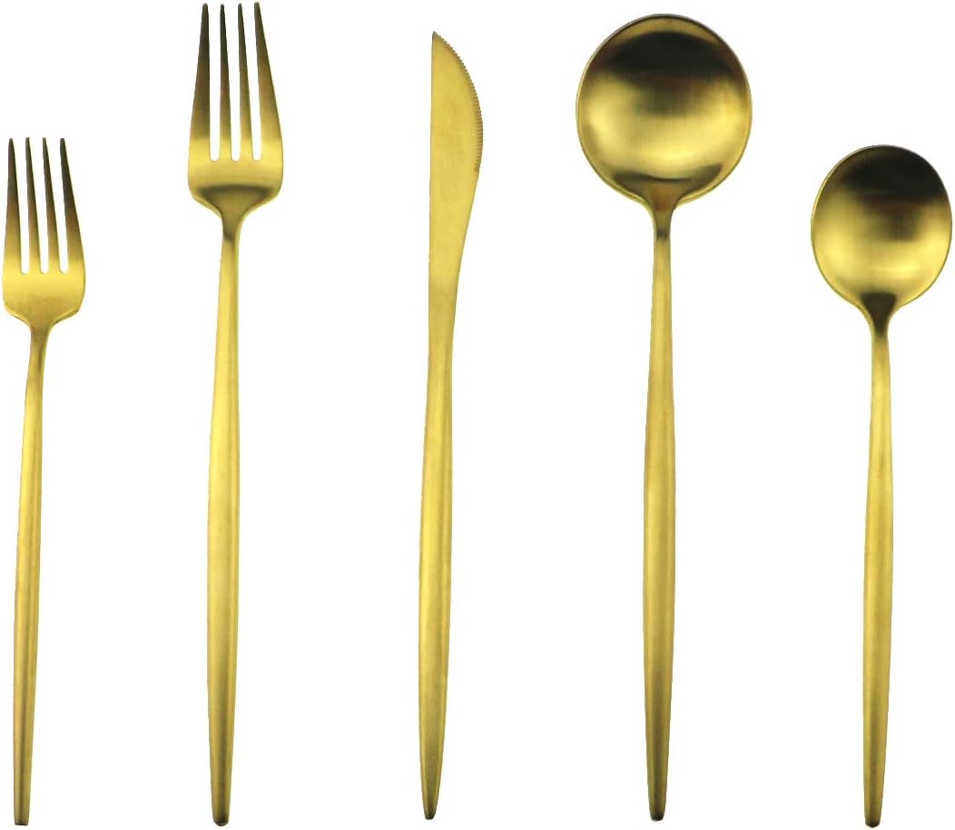 Gugrida 20-Piece 18/10 Stainless Steel Flatware Silverware, Luxury Dinnerware Set Travel Cutlery Tableware Include Knife Fork Spoon Service for 4,Healthy & Eco-Friendly Dishwasher Safe (Gold Matte)
