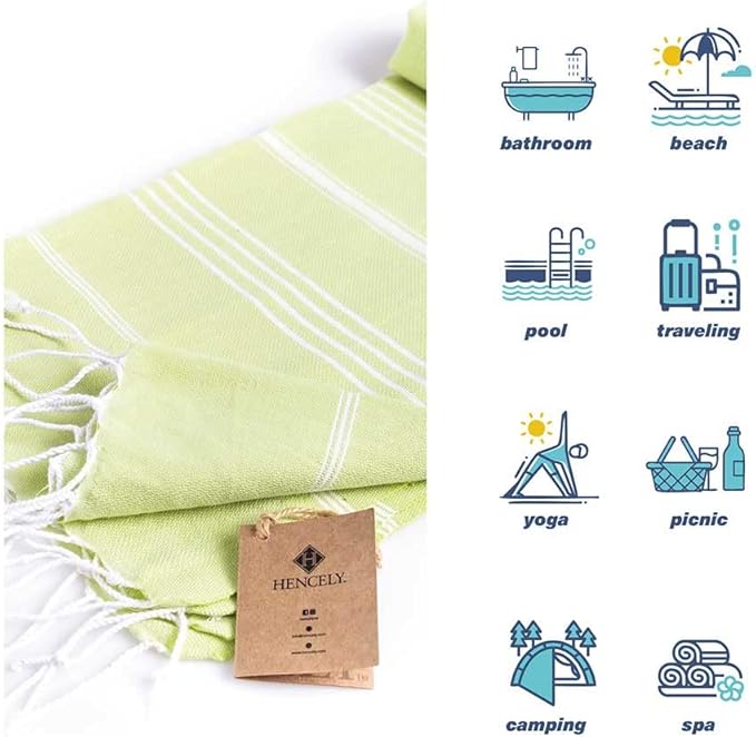 Hencely Turkish Beach Towel 37x68 Oversized, Sand-Free, Quick-Dry, Lightweight - Travel Essential for Pool & Bath - Striped 100% Cotton Bathroom Towels Accessories Gift (Pistachio)